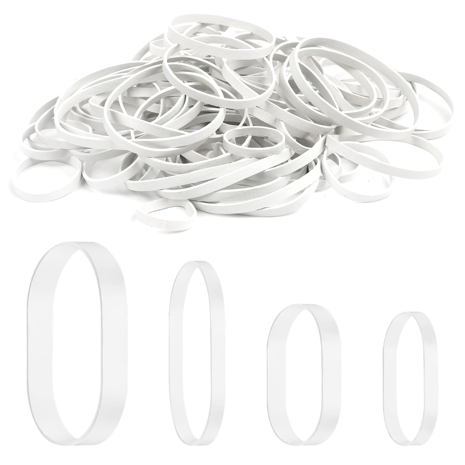 Elastic Bands Heavy Duty 100Pcs Rubber Bands Natural Strong Elastic Bands Thick 200g Rubber Band Stretchable Rubber Bands Sizes 25mm 38mm 60mm 70mm for Home School Office Money Bands,White