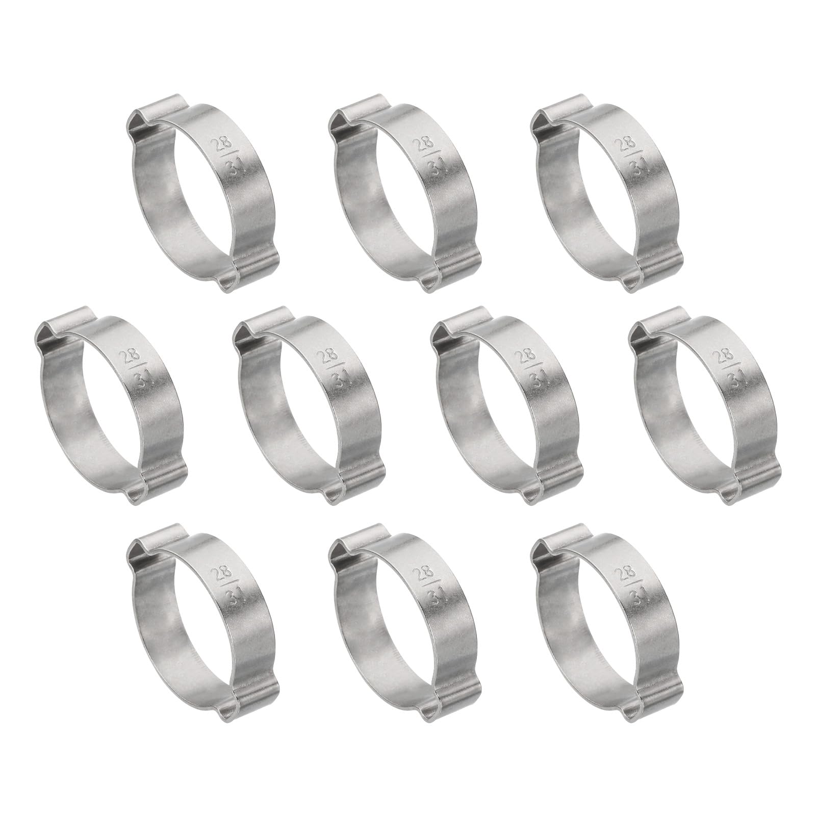 PATIKIL 10 Pack 28-31mm Double Ear Hose Clamp, 304 Stainless Steel O Clip Crimp Rings for Fuel Petrol Pipe Tube Fitting Connections, Silver Tone