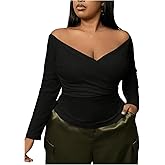 SOLY HUX Women's Plus Size Off Shoulder Tops Ruched Wrap Long Sleeve Shirt Casual Slim Fit Tee Shirts