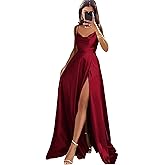 MisShow Women's Satin A-line Prom Dresses 2026 Spaghetti Straps Long Bridesmaid Dress Evening Formal Gown with Slit