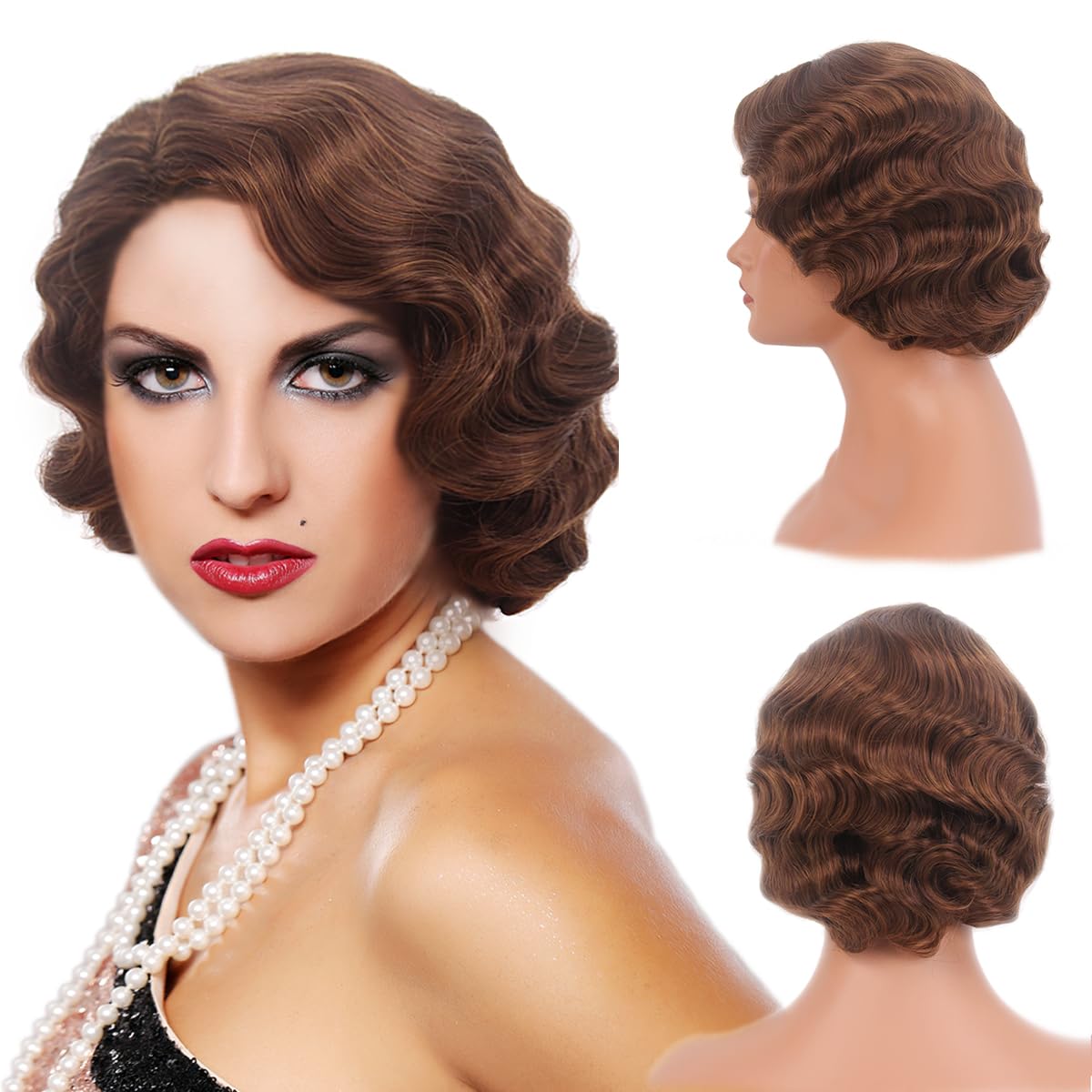 REEWES Short 1920s Finger Wave Curly Wig - Vintage Synthetic Full Wig for Women - Cosplay Costume Fancy Dress Flapper (Ash Brown) — image 1