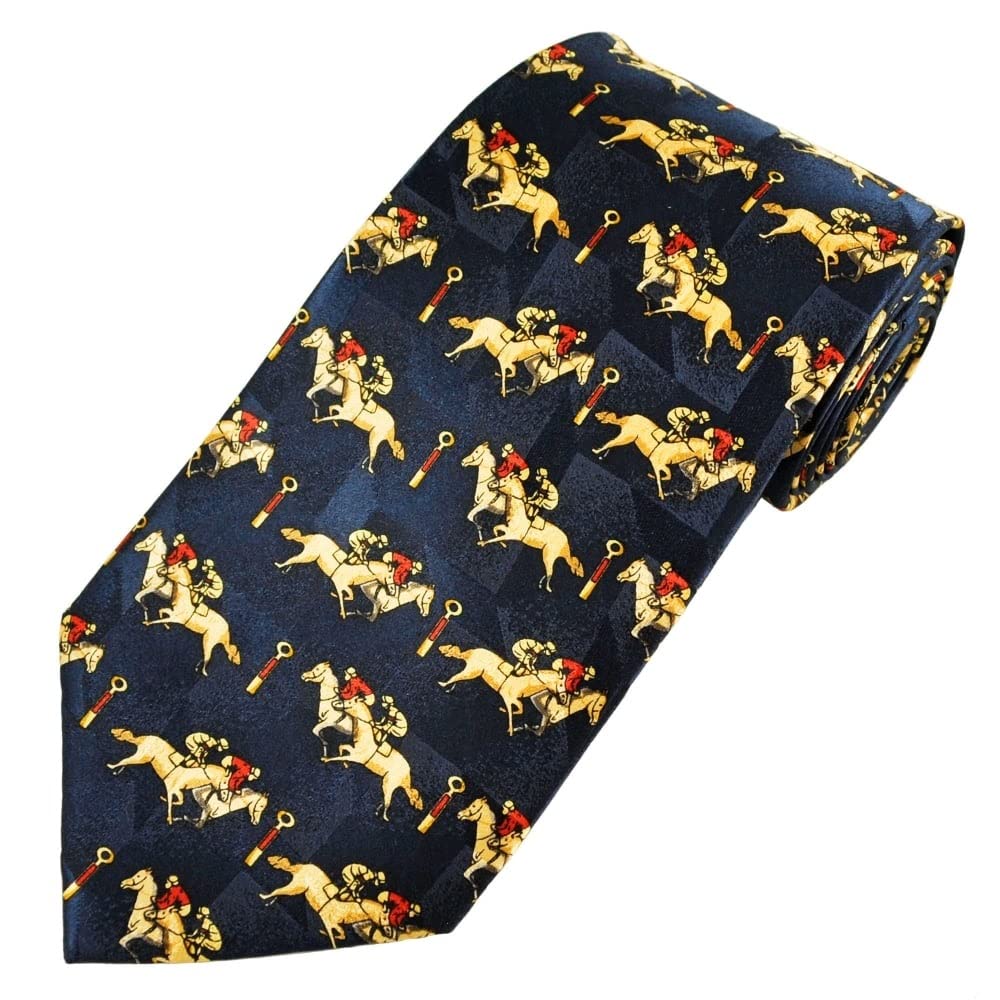 Navy Blue silk tie with racing horses at the finishing post (524)