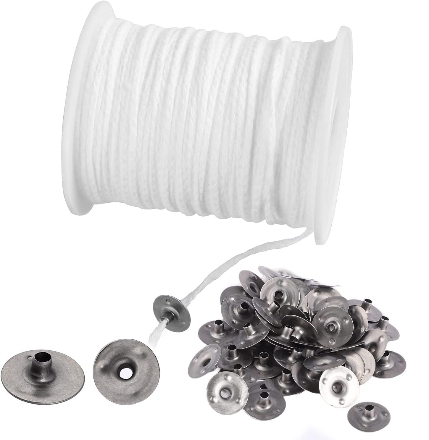 200ft Candle Wicks, White Natural Cotton Candle Wicks With 100 Pcs Metal Wick Sustainers Candle Making Supplies Kit Candle Wax for Soy Candle Making Candles DIY Craft