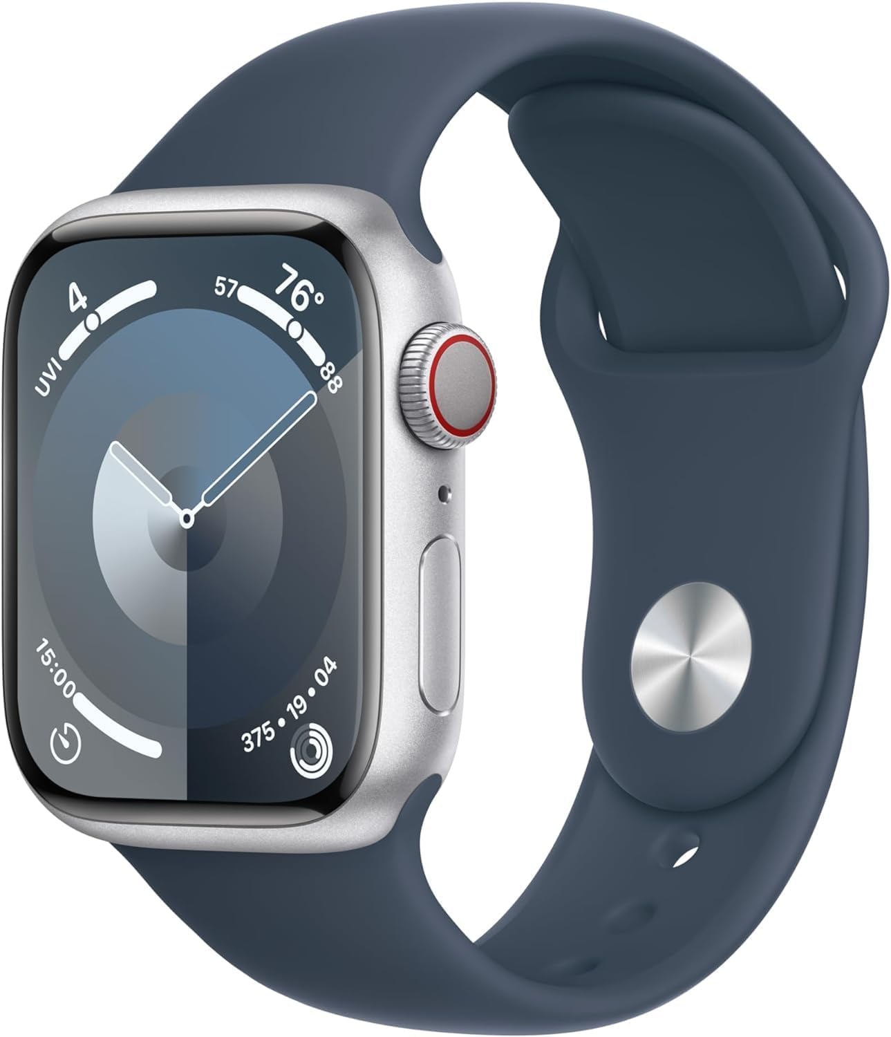 Photo 1 of Apple Watch Series 9 [GPS + Cellular 41mm] Silver Aluminum Case with Storm Blue Sport Band, S/M (Renewed Premium)