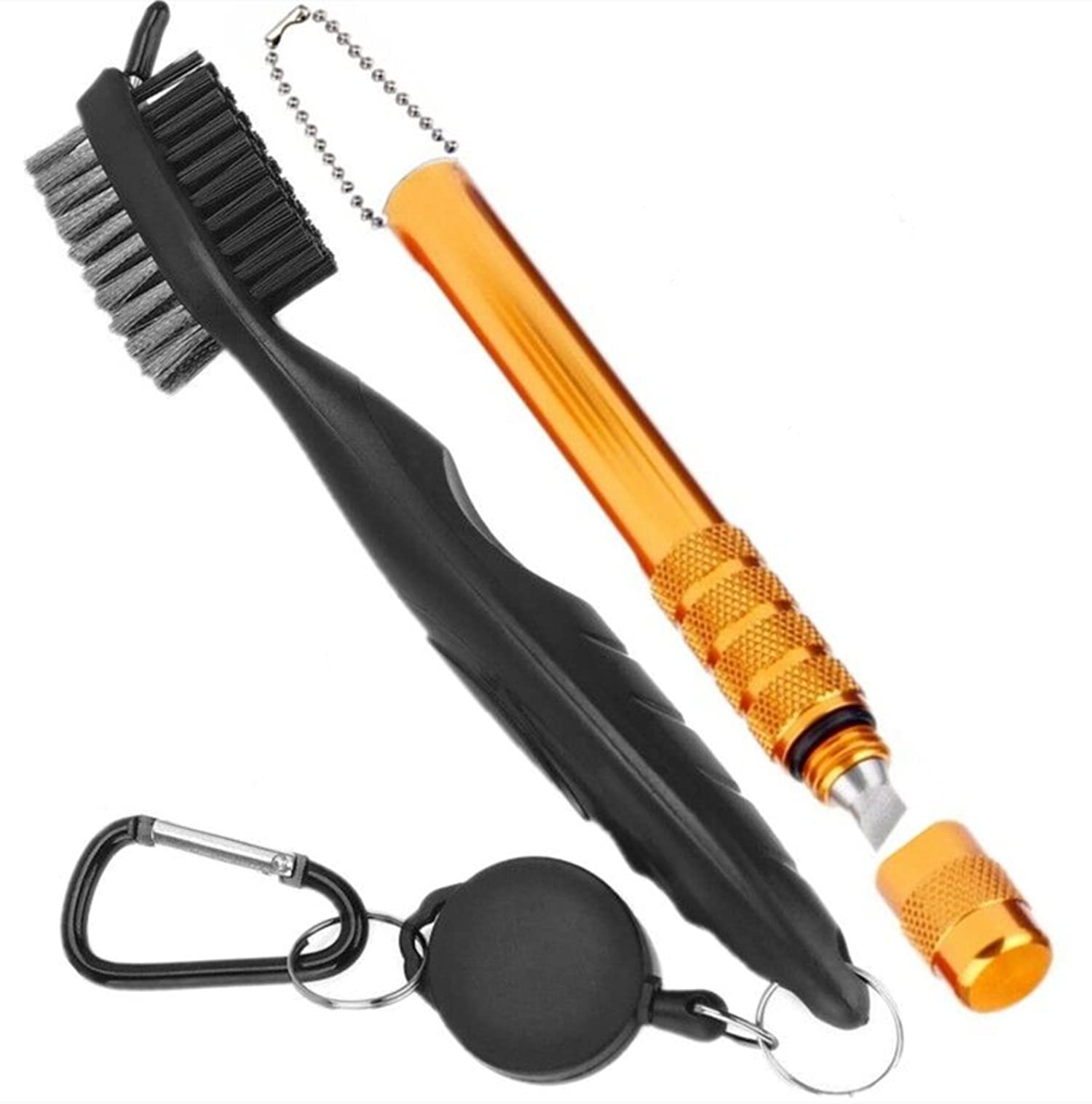 Golf Club Groove Cleaner Sharpener and Golf Brush Set, Cleaning Sharpening Kit for Wedge Irons, Double Sided Brush with Spike for Cleaning Club Groove Easy to Use and Attach to Golf Bag (Gold)