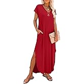 RUMIA Summer Casual Maxi Dresses for Women- Women's V Neck Cap Sleeve Long Sundress with Pockets Beach Vacation