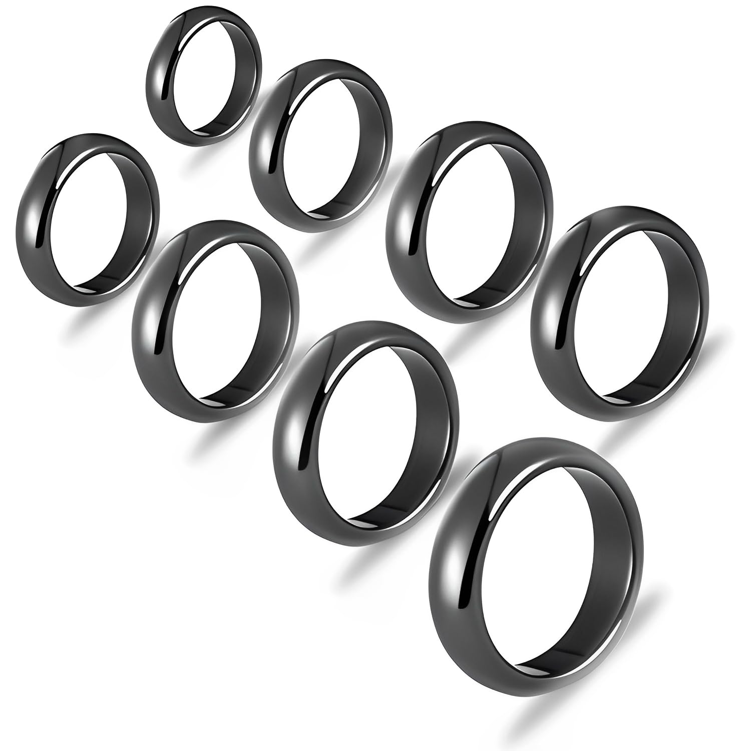 Voarge 8 Pcs Hematite Rings, for Women Mens Couples, Friendship Engagement Wedding Stress Relieving Rings, 8 Mixed Size