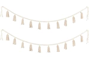 BlueMake 2 Pack Macrame Woven Tassel Garland Belly Basket Decorative Wall Hangings for Boho Home Decor,Nursey Room (Ivory B)