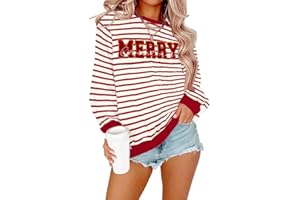 Ithalt Christmas Sweatshirt for Women Merry Sweater Embroidered Striped Crewneck Sweatshirts Holiday Long Sleeve Pullover