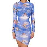 knee length dresses for ladies Mesh Angel Print Ruched Mini Dress