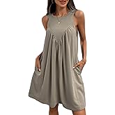 Women's Vacation Sleeveless Mini Dress Casual Crew Neck Tank Dress Flowy Beach Petite Sundress with Pockets Khaki