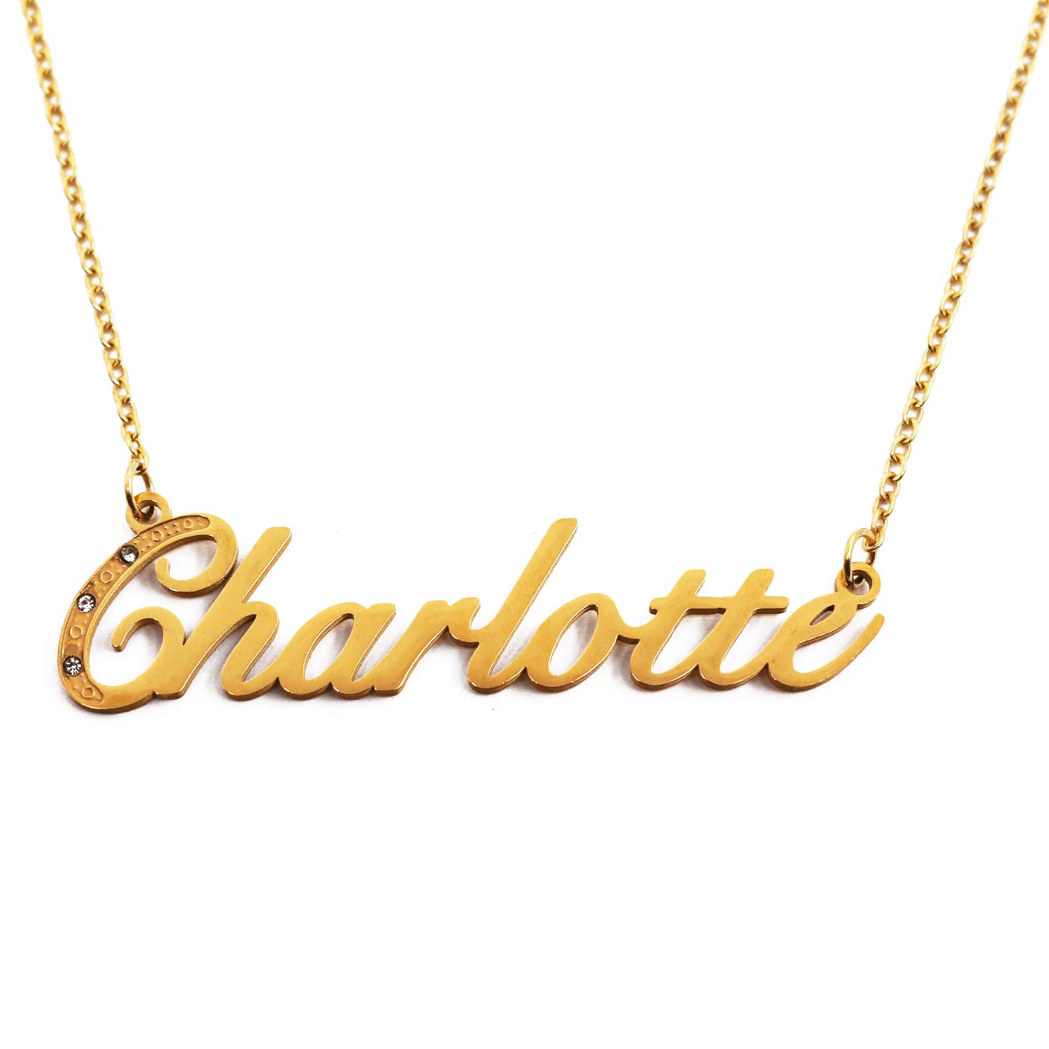 Charlotte Italic Personalised Name Necklace With Cubic Zirconia Gold Plated, Custom Dainty Name Pendants, Jewellery for Ladies, Girlfriend, Mother, Sister, Friends