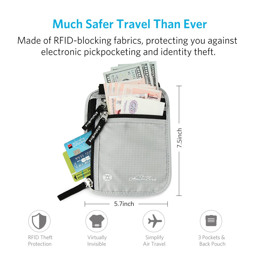 Portadocumentos para Viaje Correa Ajustable de Cuello ATailorBird Antirobo Protección RIFD Impermeable Bolsillo Posterior Protege Móvil, Pasaporte, Tarjeta de Crédito, Dinero en Efectivo, Llaves-Gris
