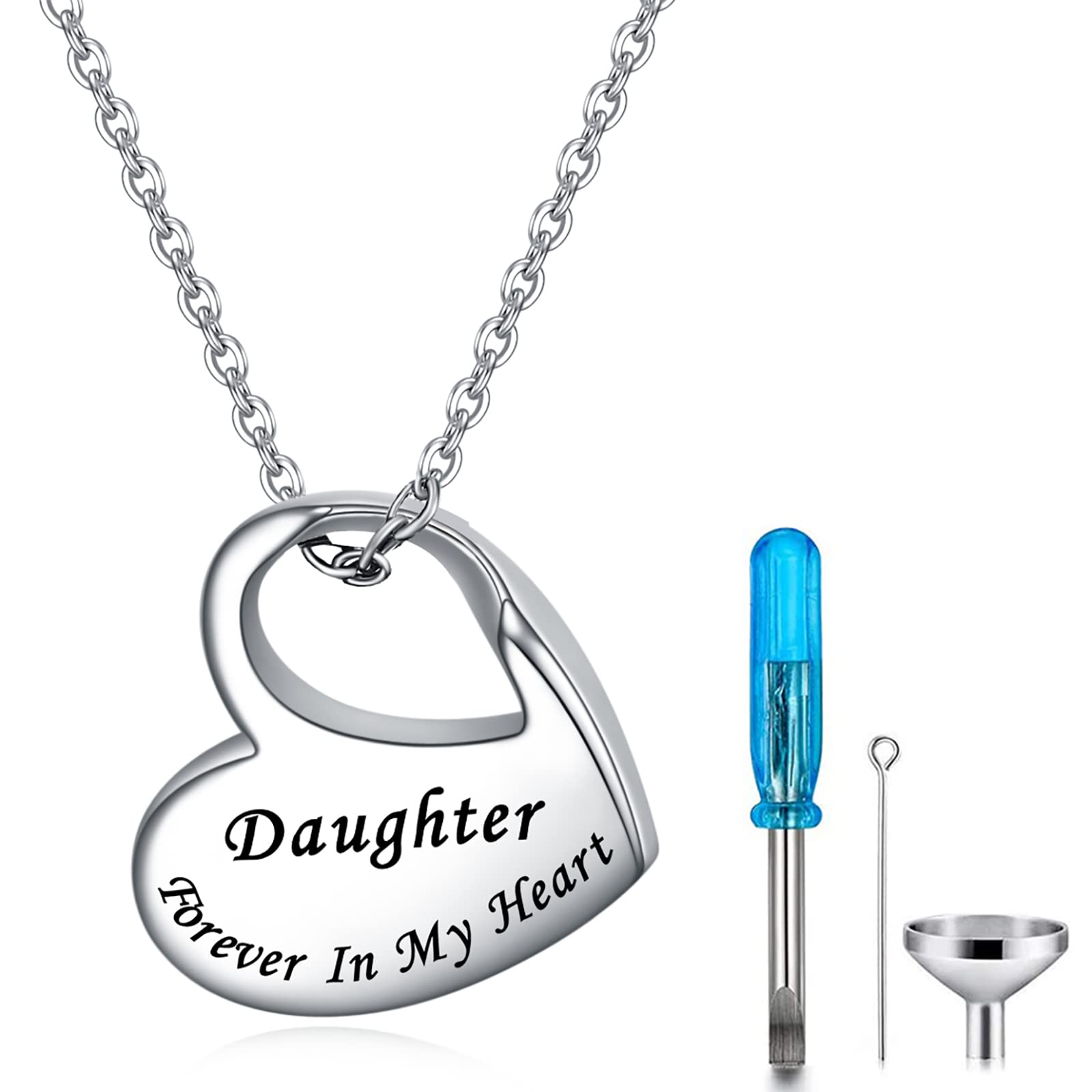 YOTHIWAD Heart Urn Necklace for Ashes Cremation Jewelry Forever in My Heart Engraved Stainless Steel Keepsake Waterproof Memorial Pendant for loved One with Filling Kit(Daughter)