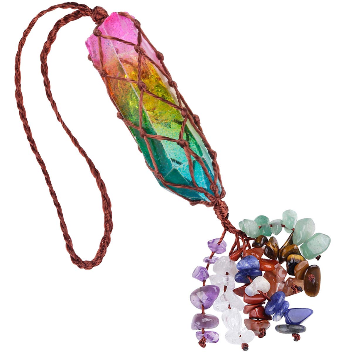 Nupuyai 7 Chakra Healing Crystal Stone Hanging Ornament, Rainbow Titanium Coated Irregular Rock Crystal for Car Home Decor, Reiki Yoga Meditation, 20-22cm