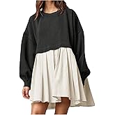 SOLY HUX Women's Color Block Dress Crew Neck Long Sleeve Pleated Babydoll Flowy Loose Fall Short Dresses