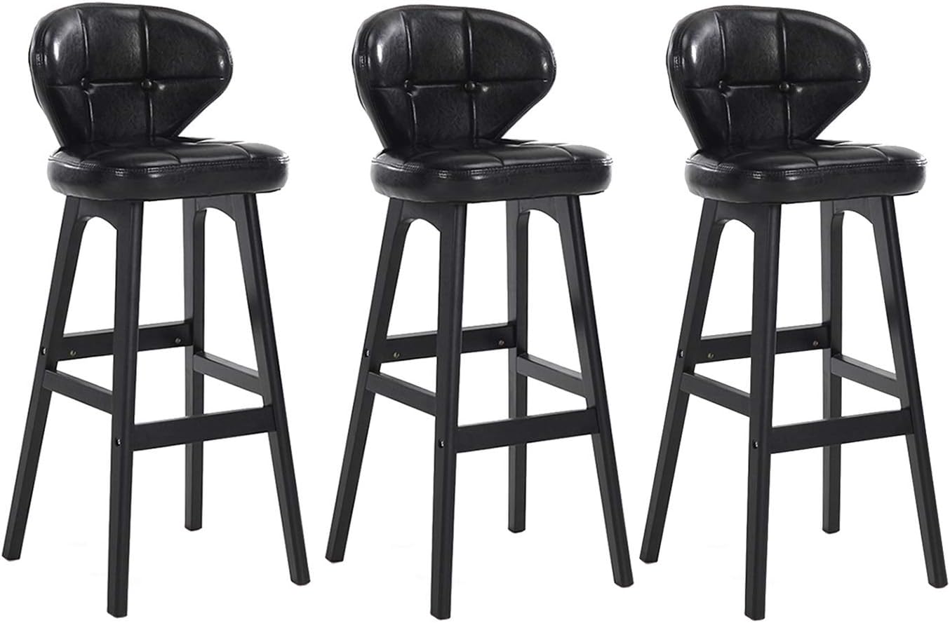 JRZJ Black Breakfast Bar Stools Set of 3, Kitchen Wooden Bar Chairs with Backs PU Leather Soft Padded Chairs Multi-color Optional for Family Bars, Cafes, Restaurants