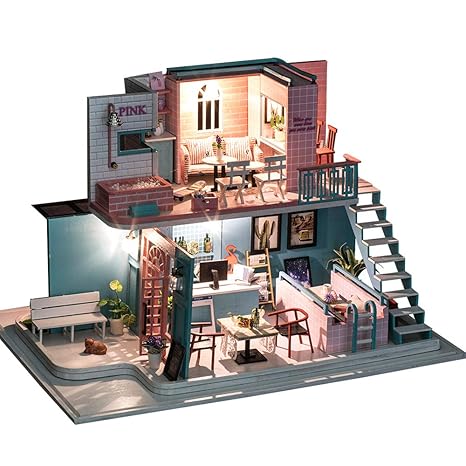 Goolsky Miniature Super Mini Size Doll House Building Model Kits Wooden Furniture Toys DIY Dollhouse Pink Cafe