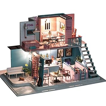 Anself DIY Doll House Suite, Miniature Super Mini Size Doll House Building Model Kits Wooden Furniture Toys DIY Dollhouse Pink Cafe