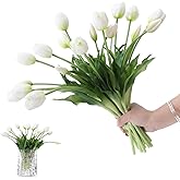 dallisten 15PCS Artificial Tulips Real Touch White Faux Latex Flowers Lifelike Fake Tulip Bouquet Flowers Arrangements for Wedding Home Kitchen Garden Table Party Decoration