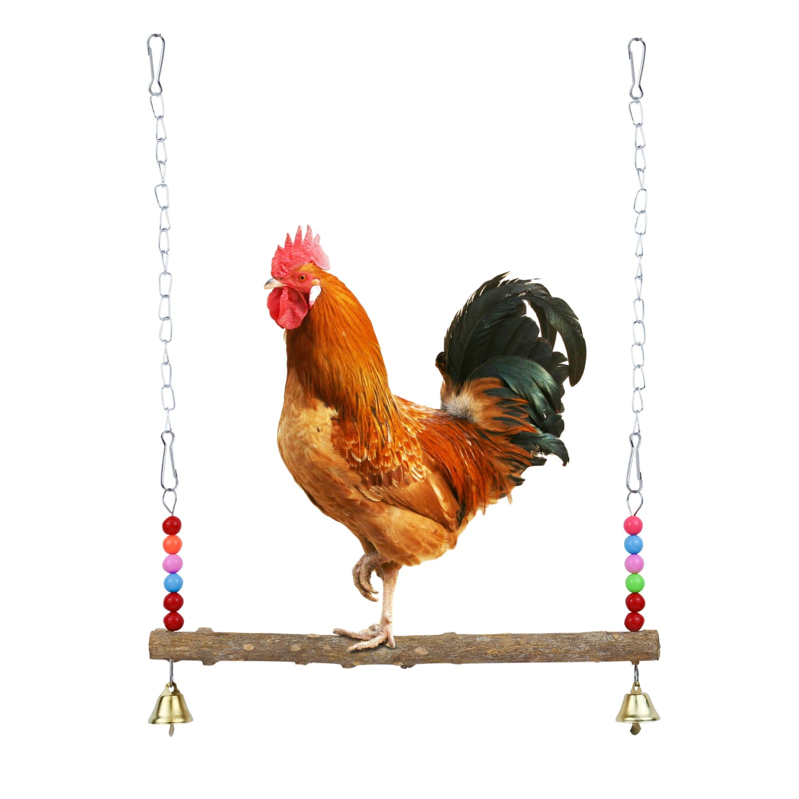 LuckyOpt Chicken Swing, Natural Wooden Hanging Swing Toys Chicken Coop Accessories with Bell and Beads, Safe Parrot Swings Parrot Perch Stand for Hens Chicken Budgies Macaw (A)