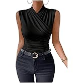 SweatyRocks Women's Ruched Wrap Mock Neck Tank Tops Casual Sleeveless Solid Slim Fit Tank Top