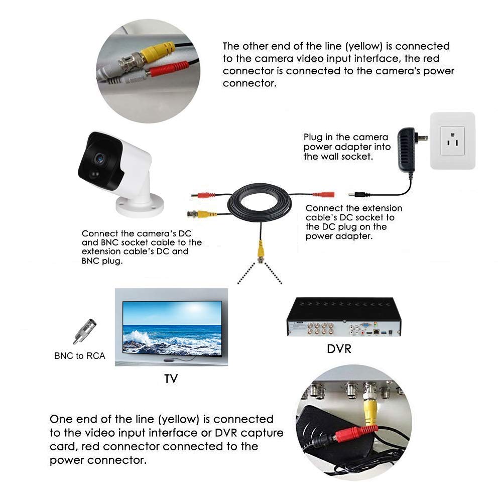 LONNKY 100ft 30M BNC Cable Security Camera Wire Cord with BNC Connectors and RCA Adapters Video Power Cable for CCTV Camera Surveillance Kit and Security Camera System,Black