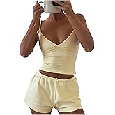 Verdusa Women's 2 Piece Outfits Bow Deep V Neck Camisole Tops with Shorts Going Out Set