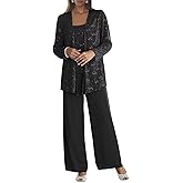 Senunlia 3 Pieces Chiffon Mother of The Bride Pant Suits for Wedding Sequin Grandmother of The Bride Pant Suits with Jacket
