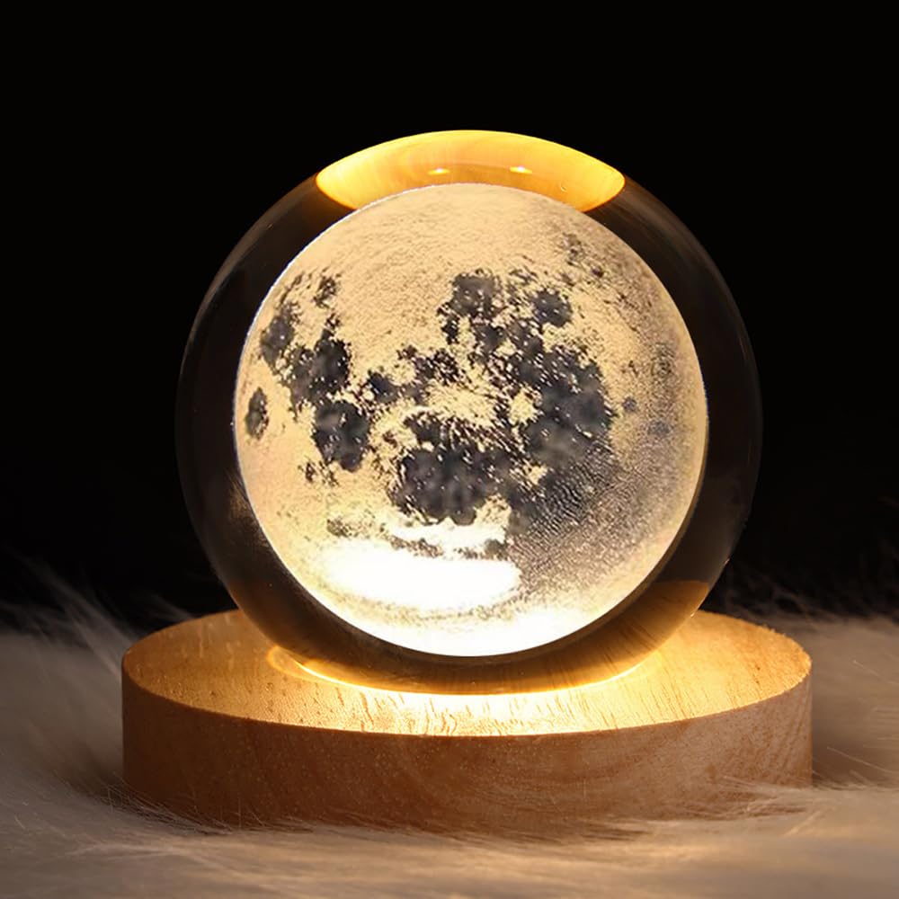 DRYFAL 3D Moon Crystal Ball Night Light for Kids Glass Ball Night Lamp with Wood Base Fantasy Decor Crsytal Ball Moose LED Galaxy Planet Nightlight Gift Bedroom Decor