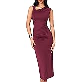 CIDER Women's Cocktail Dress Asymmetrical Neck Ruched Formal Dresses Bodycon Long Maxi Wedding Guest Dresses for Summer