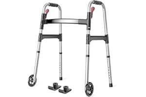 HOMLAND Walkers for Seniors, 2-Button Folding Walkers with Wheels, Lightweight Walker for Seniors Weighing Up to 350 Pounds, Height Adjustable Standard Walker & Ski Glides, Aluminum Frame, Silver