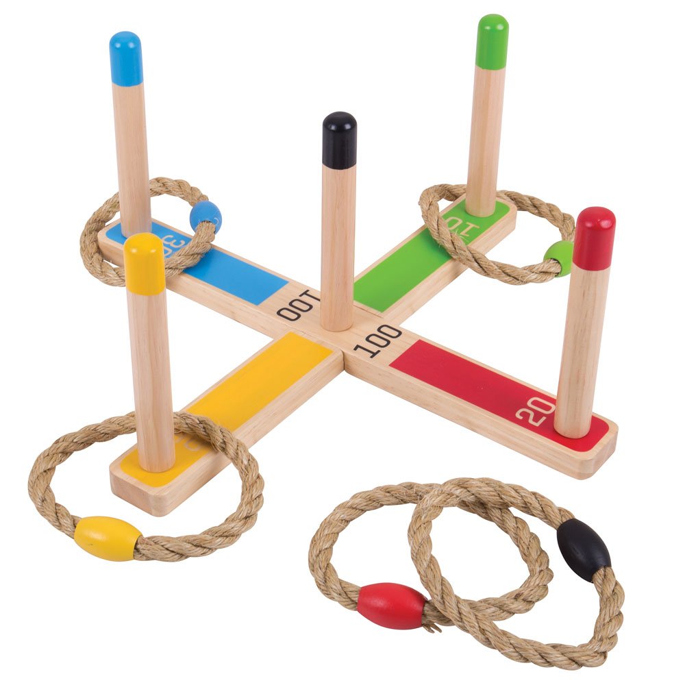 Bigjigs Toys Wooden Quoits - 5 Rope & Ring Toss Game, Quality Wooden Toys, Outdoor Family Fun