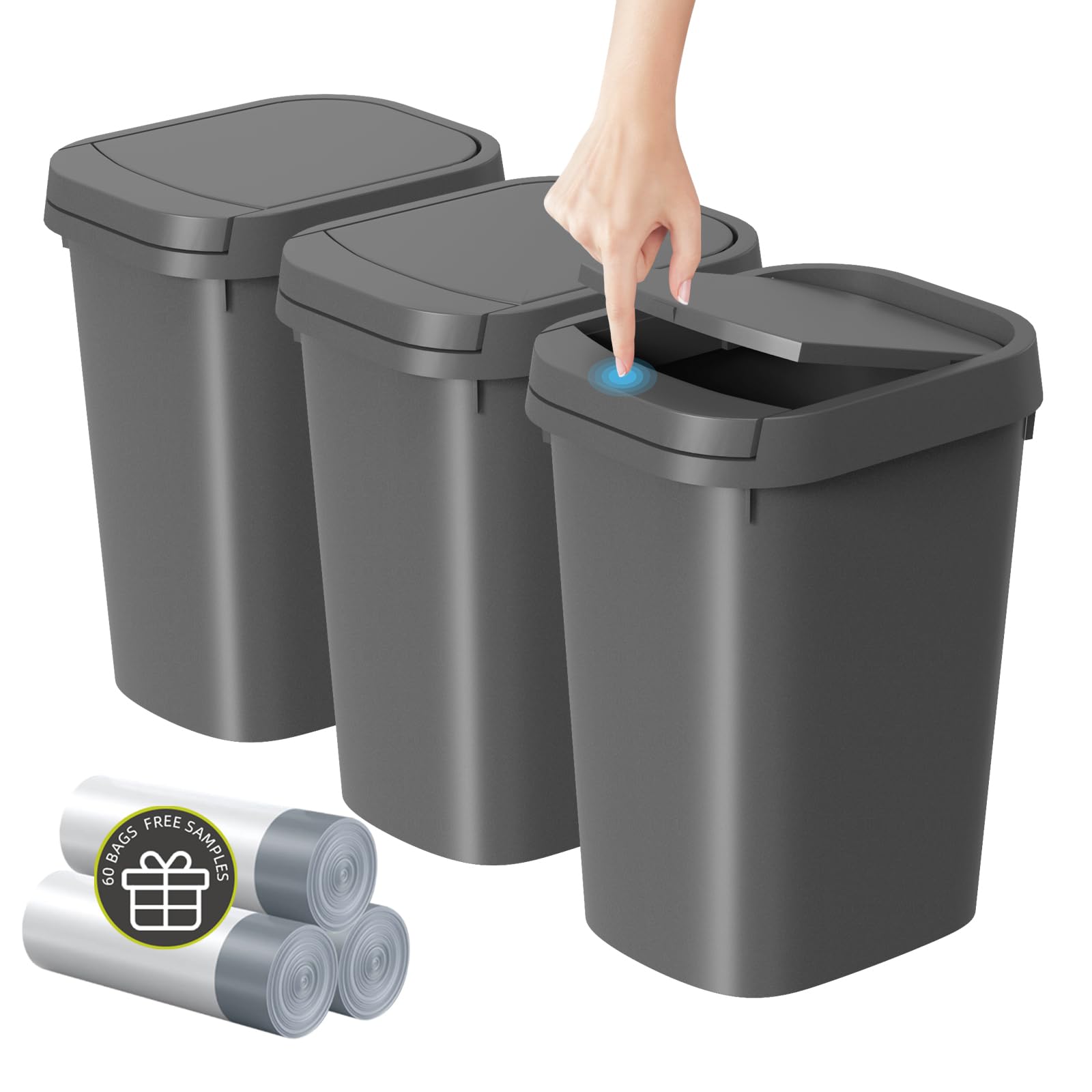 Photo 1 of KSSKSS 3 Pack Bathroom Small Trash Can with Lid, 2.6 Gallon Slim Garbage Bin with Pop-Up Lid, 10L Plastic Wastebasket for Bedroom, Office, Kitchen, Toilet (Gray)