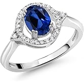 Gem Stone King 1.34 Cttw Blue Created Sapphire Ring For Women | 925 Sterling Silver | Oval 7X5MM | Wedding Engagement Anniversary Promise Ring For Women