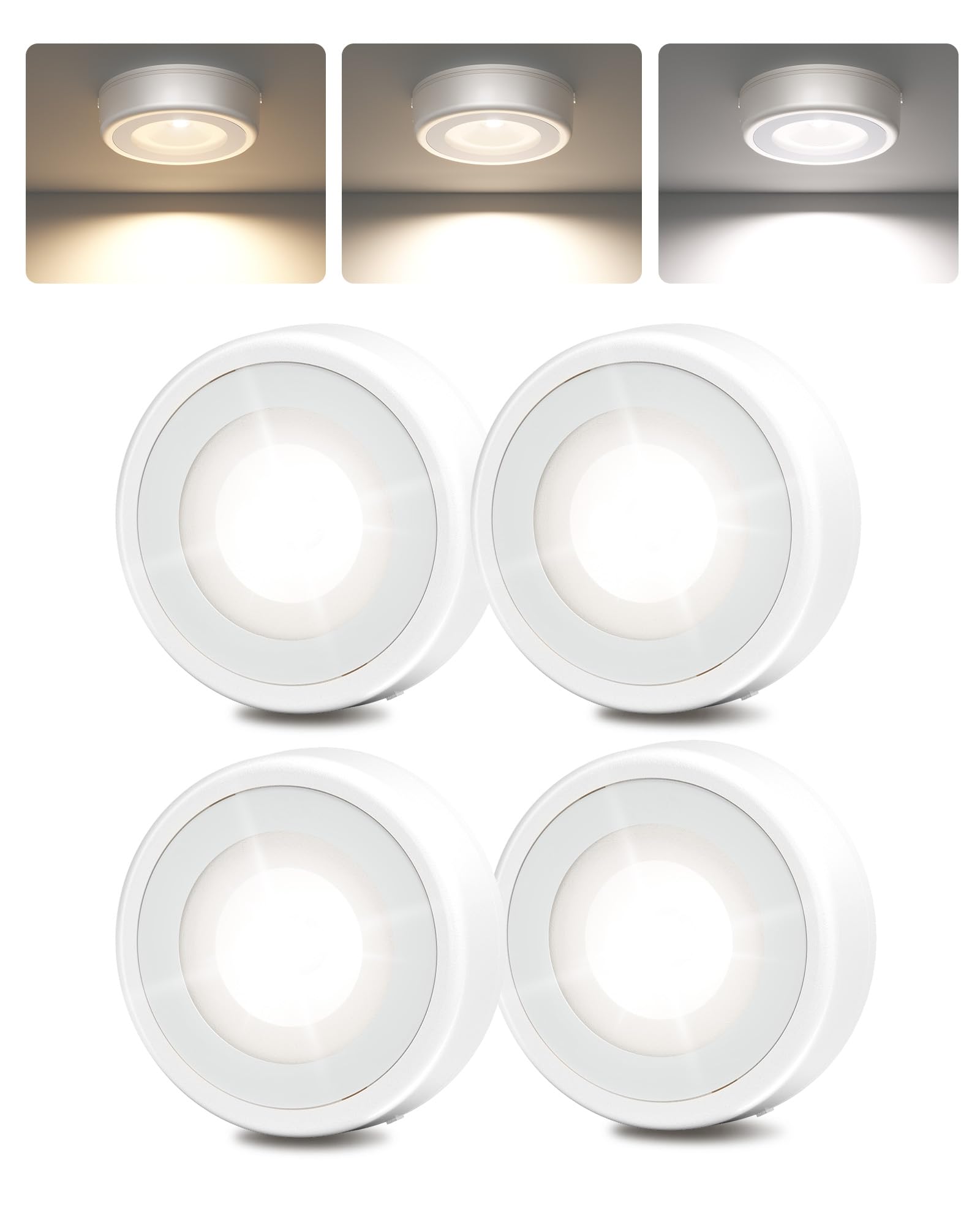Photo 1 of ***MISSING ONE*** EZVALO LED Puck Lights, 50Lumens, Touch Light, 2.5'' Mini Tap Light, Rechargeable Sitck On Tap Lamp, 3 Color Temps, Under Cabinet Lights Wireless, Ideal for Kitchen,Closet,Pantry,Camper(4 Pack)