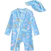 JiAmy Baby Boy Rash Guard Swimsuit, Long Sleeve One Piece Bathing Suit, Infant Toddler Swimwear with Sun Hat, 3M-3T