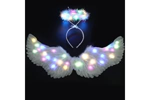 YAMGQUS Angel Wings, Light Up Angel Wings and Halo with LED Lights, White Angel Wings Costume for Adult Women Kids Halloween Xmas
