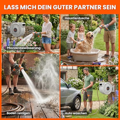 Bietor Hose Reel Water 45 m + 2 m, 180° Swivelling Wall Hose Box, Automatic Garden Hose Drum with 10 Functions Garden Shower for Watering, Car Washing