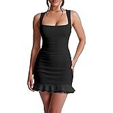 Mokoru Women's Sexy Ruched Bodycon Mini Dress Square Neck Ruffle Hem Club Party Short Tank Dresses