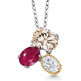 925 Silver and 10K Yellow Gold Peach Morganite Red Ruby and White Moissanite Pendant Necklace For Women (2.50 Cttw, Oval 8X6MM, 7X5MM and 6X4MM, Gemstone October Birthstone, with 18 Inch Chain)