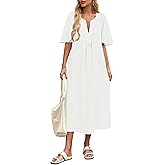 Wenrine Womens Flutter Short Sleeve Maxi Dress Casual V Neck Side Slit Pleated Loose Flowy Summer Dresses