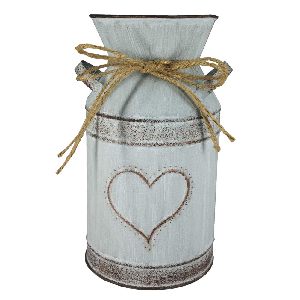Qhome Vintage Metal Vase with Heart-Shaped & Rope, Mini Shabby Chic Milk Can Jug, Rustic Flower Pitcher Vase Pot for French Country Wedding/Garden/HomeTable Decor (Can Not Hold Water)
