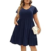 Celkuser Womens Plus Size Casual Summer Dresses Ruffle Sleeve Tiered Swing Midi Dress with Pockets