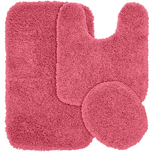 Garland Rug 3-Piece Jazz Shaggy Washable Nylon Bathroom Rug Set, Pink