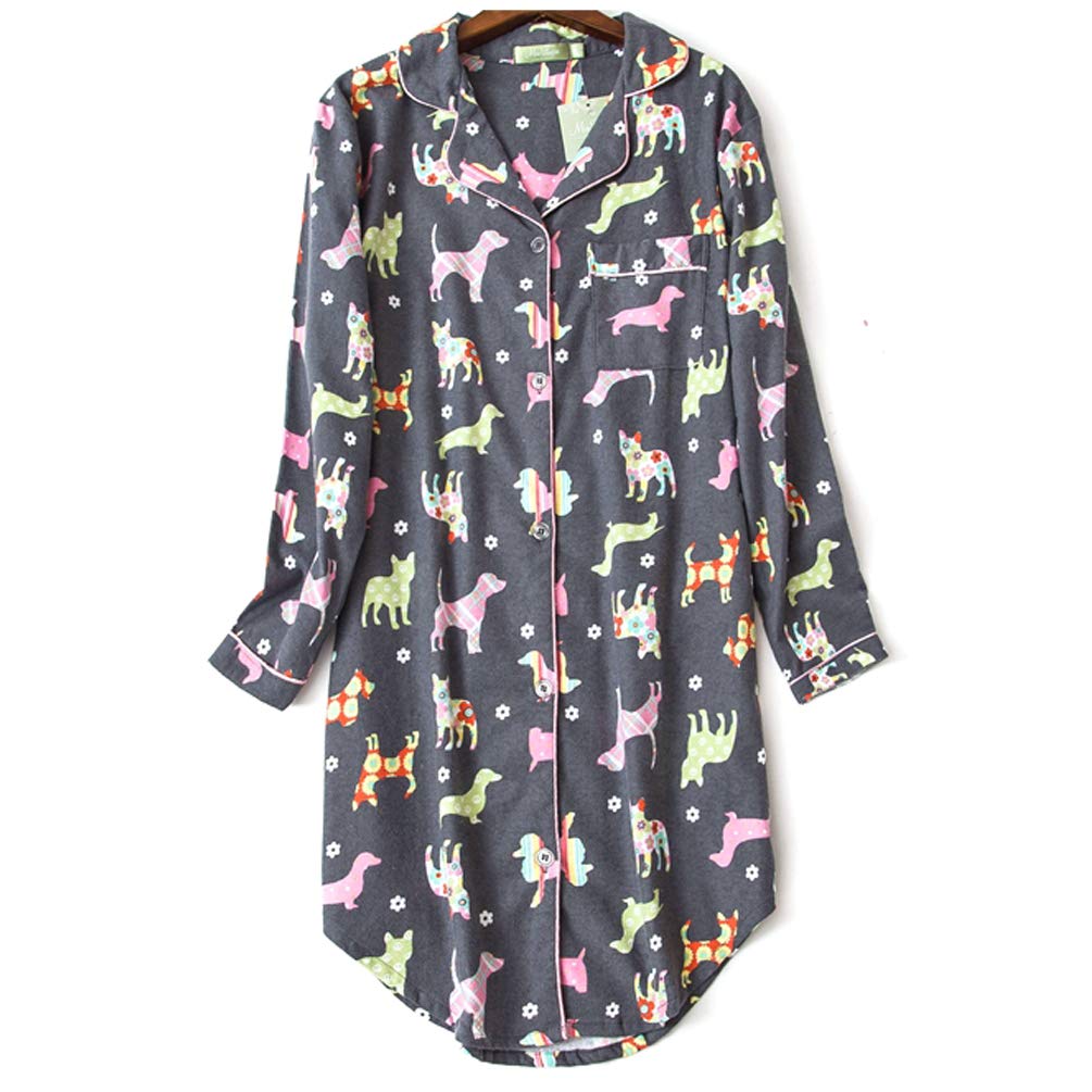 ENJOYNIGHT Women\'s Sleep Shirt Flannel Print Pajama Top Button-Front Nightshirt Sleepwear (X-Large, Grey Dog)