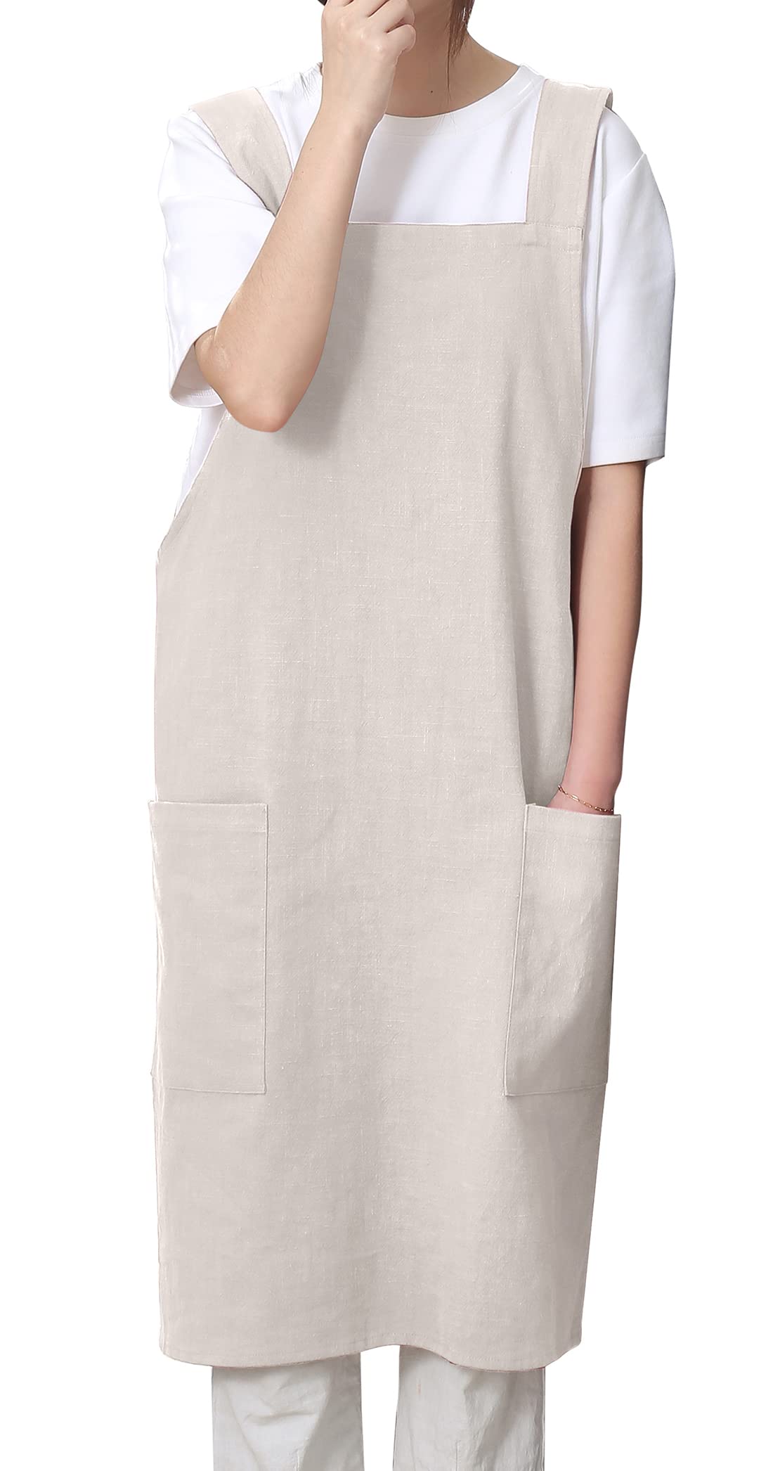 Pincy Cotton Linen Apron for Women - No-ties Cross Back Apron with Pocktes, Great for Florist, Coffee House and Kitchen(Flaxen)