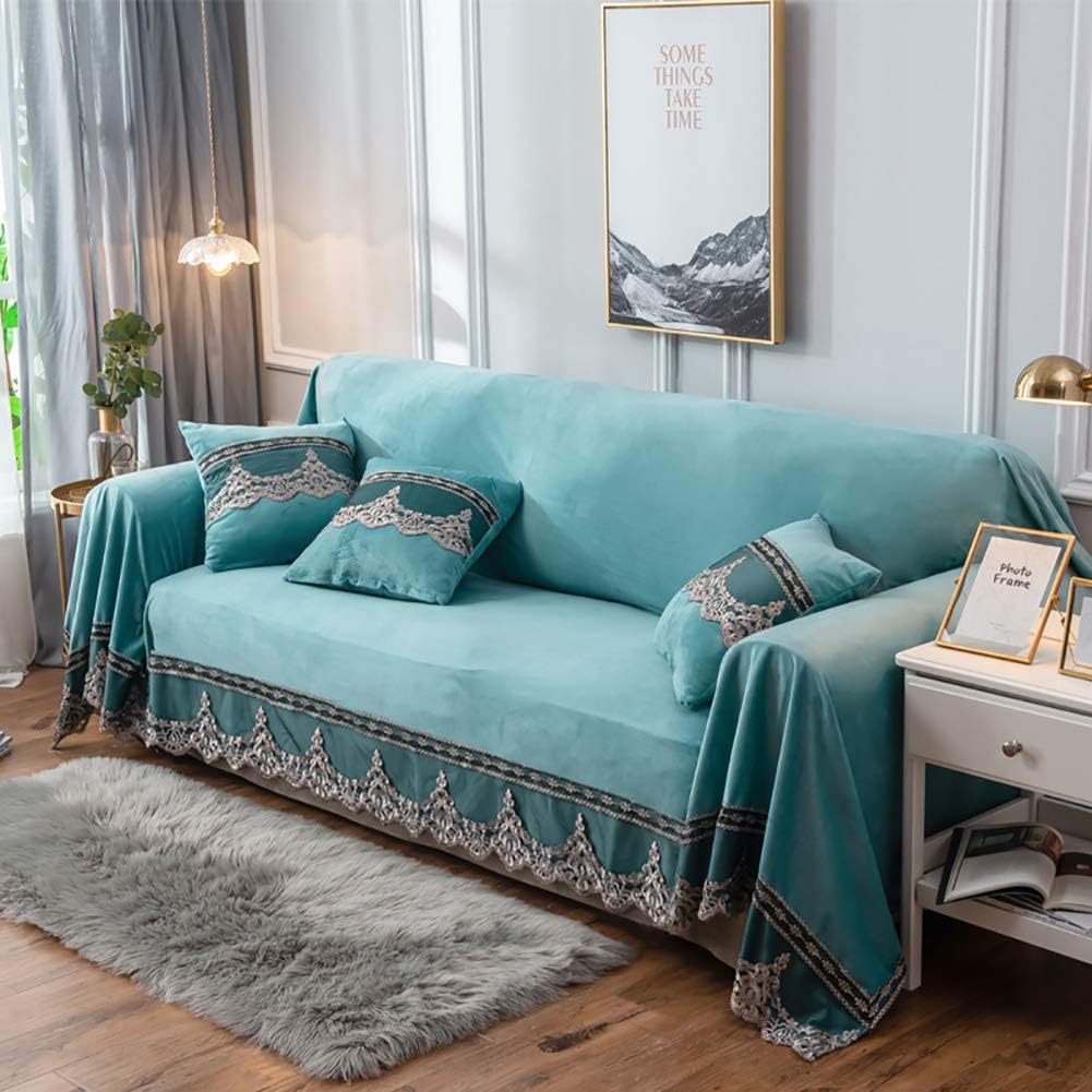 JYPHM Plush Couch Cover Vintage lace Suede Sofa Slipcover Anti-Slip Solid Color Sofa Cover Anti-Dust Stain-Proof Furniture Protector for Pet Dog & Kids 2 Seaters Lake Blue 200x260cm(79x102inch)
