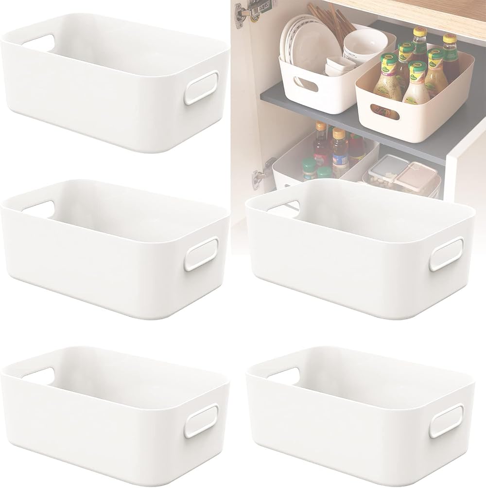 W&H 5 Pcs White Plastic Storage Boxes with Handle, 8.2 x 5.5 x 2.7 in