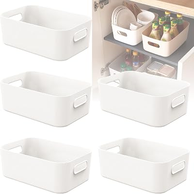 W&H 5 Pcs White Plastic Storage Boxes with Handle, 8.2 x 5.5 x 2.7 in
